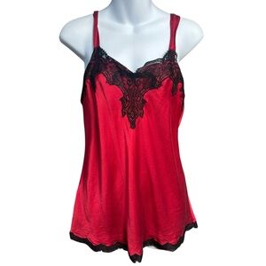 Soma 100% Silk Cami Top Womens Small Red Black Lace Trim Washable Lightweight